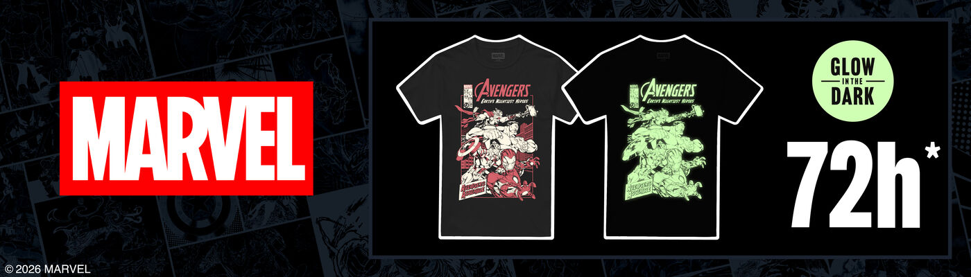 Marvel Avengers: Pimeässä hohtava painatus / 72 tunnin eksklusiivinen T-paita / Toimi nopeasti!